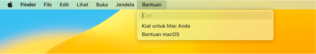 Desktop terpisah dengan menu Bantuan terbuka, menampilkan pilihan menu untuk Pencarian dan Bantuan macOS.