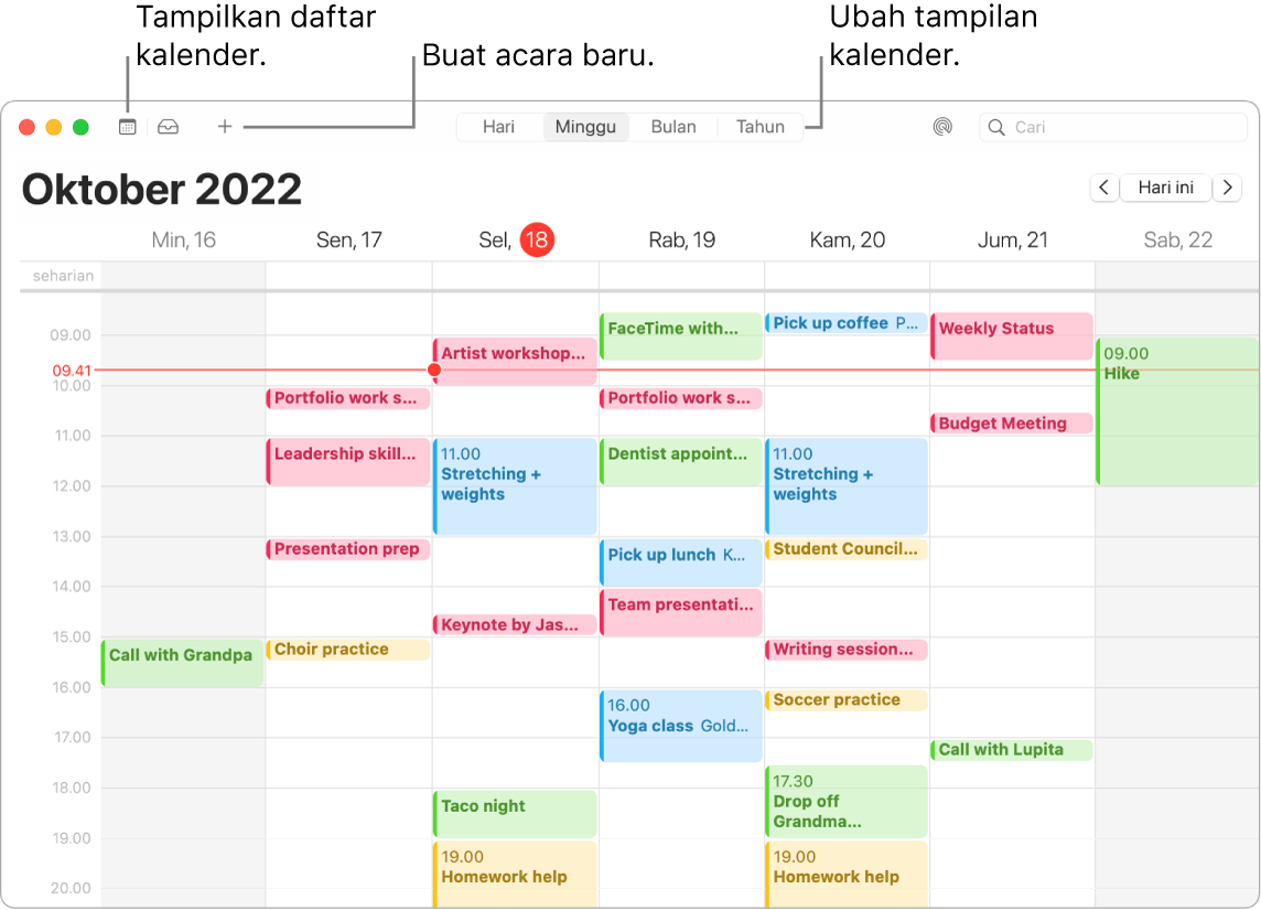 Jendela Kalender menampilkan daftar kalender, cara membuat acara, dan cara memilih tampilan Hari, Minggu, Bulan, atau Tahun.