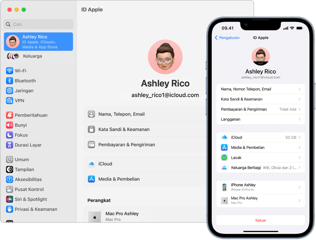 Pengaturan iCloud di iPhone dan Mac.