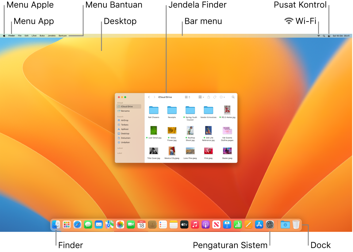 Layar Mac menampilkan menu Apple, menu app, menu Bantuan, desktop, bar menu, jendela Finder, ikon Wi-Fi, ikon Pusat Kontrol, ikon Finder, ikon Pengaturan Sistem, dan Dock.