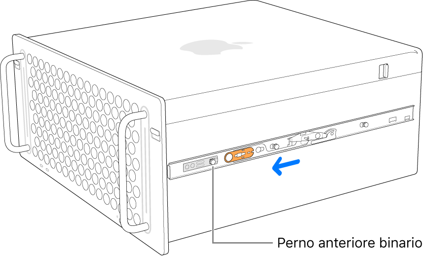 Mac Pro con binario che scorre in avanti e viene bloccato in posizione.