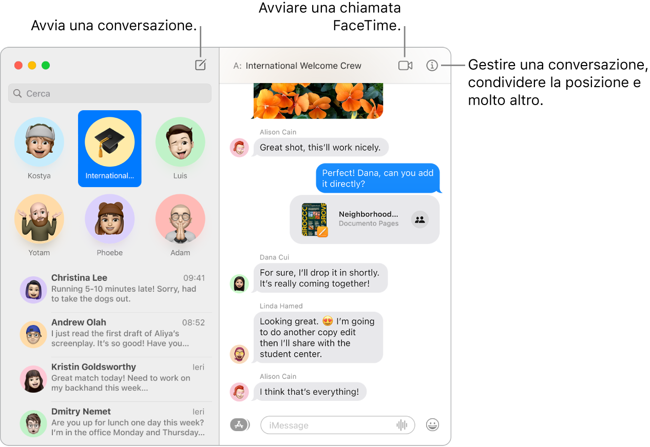 Una finestra di Messaggi che illustra come iniziare una conversazione e una chiamata FaceTime.