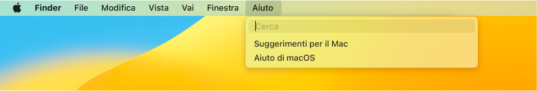 Una vista parziale della scrivania con il menu Aiuto aperto che mostra le opzioni di menu Cerca e Aiuto macOS.