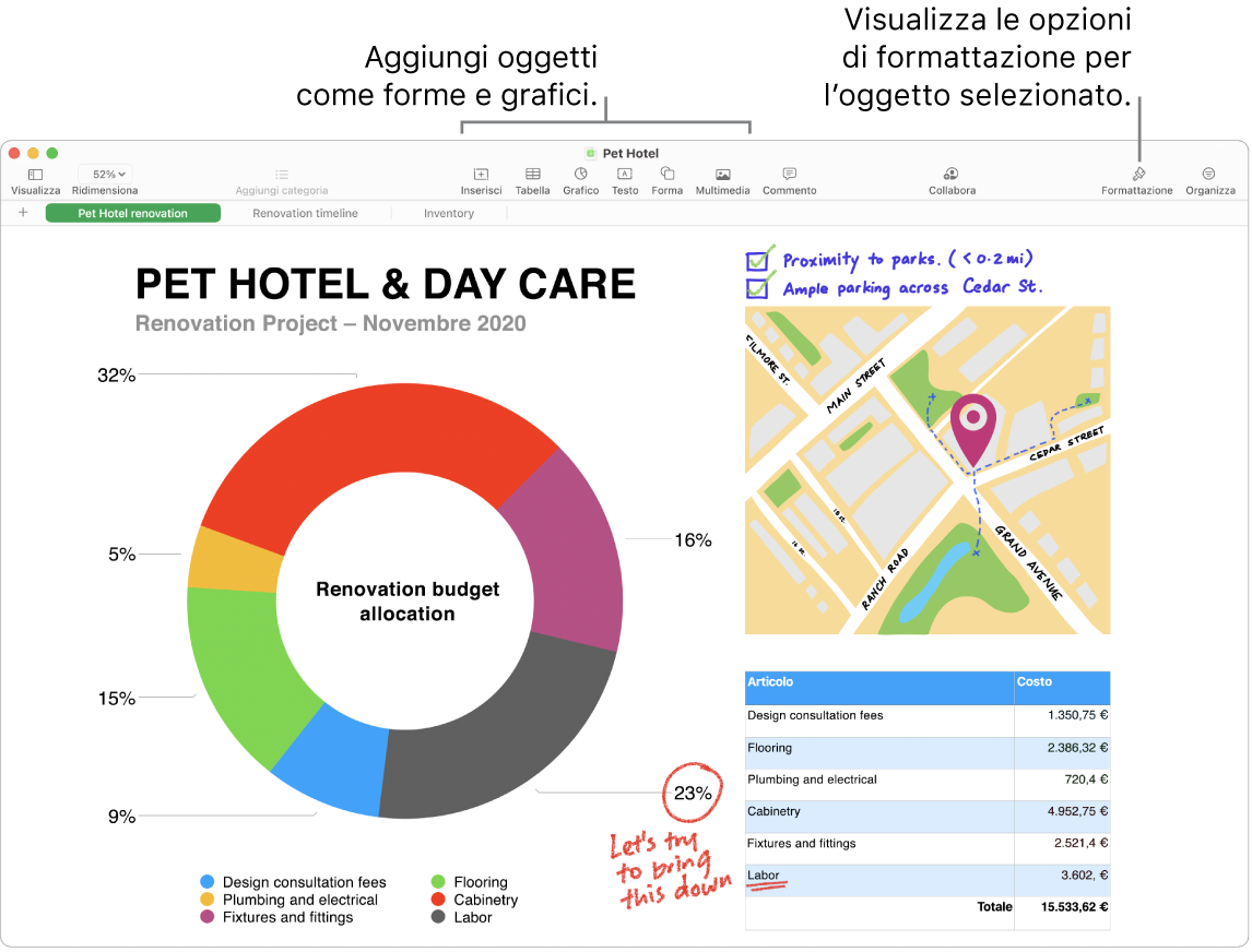 Una finestra di Numbers con la barra degli strumenti contenente gli strumenti di modifica in alto, il pulsante Collabora in alto a destra e i pulsanti Formattazione e Organizza a destra.