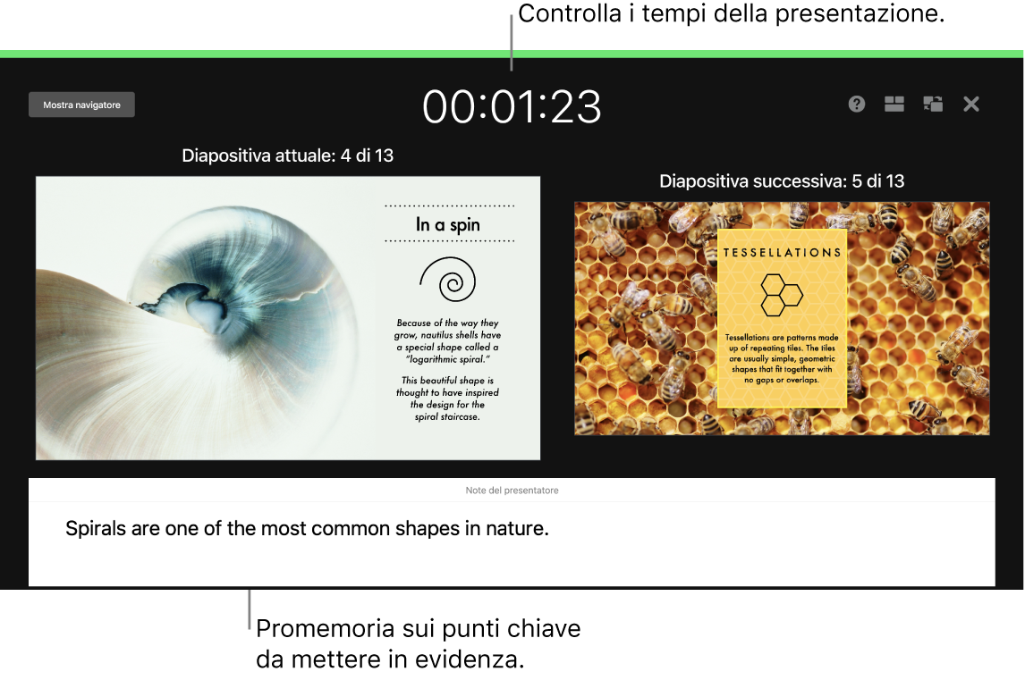 Una finestra di Keynote che illustra la funzionalità “Esegui prova della presentazione”.