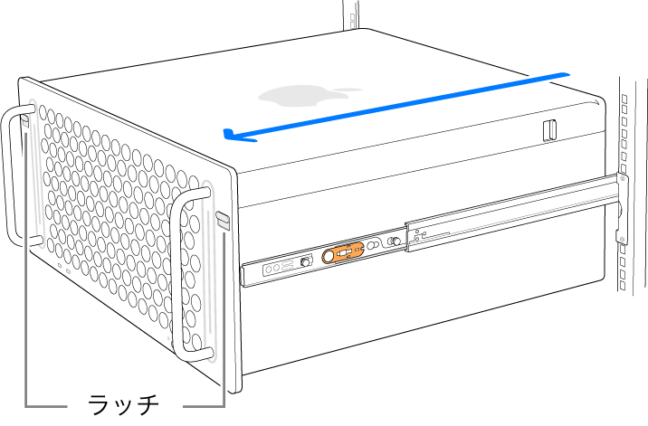 ラックに取り付けられたレール上にあるMac Pro。