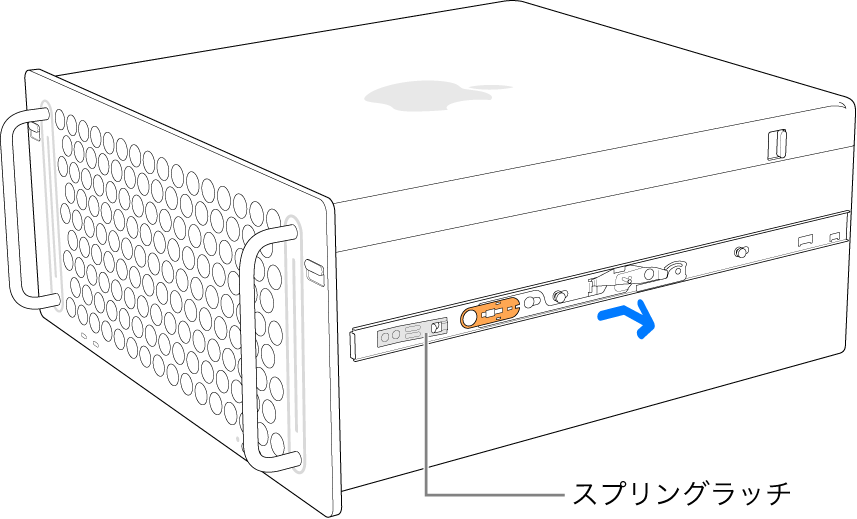 Mac Proの側面から取り外されているレール。