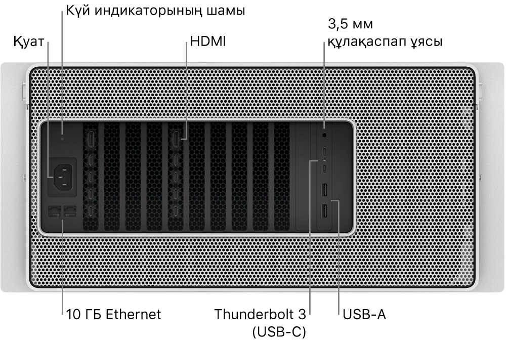 Қуат портын, күй көрсеткішінің шамын, екі HDMI портын, 3,5 мм құлақаспап ұясын, екі 10 Гигабит Ethernet портын, екі Thunderbolt 3 (USB-C) портын және екі USB-A портын көрсетіп тұрған Mac Pro компьютерінің артқы көрінісі.