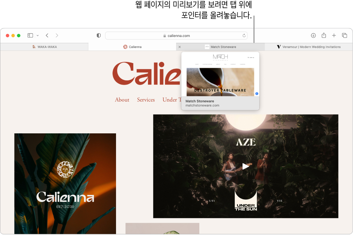 Calienna 웹 페이지가 활성화되어 있고 3개의 추가 탭이 있으며 ‘탭에 마우스 포인터를 올려놓으면 웹 페이지의 미리보기가 표시됩니다.’라는 텍스트가 있는 Match Stoneware 탭의 미리보기 설명이 있는 Safari 윈도우.