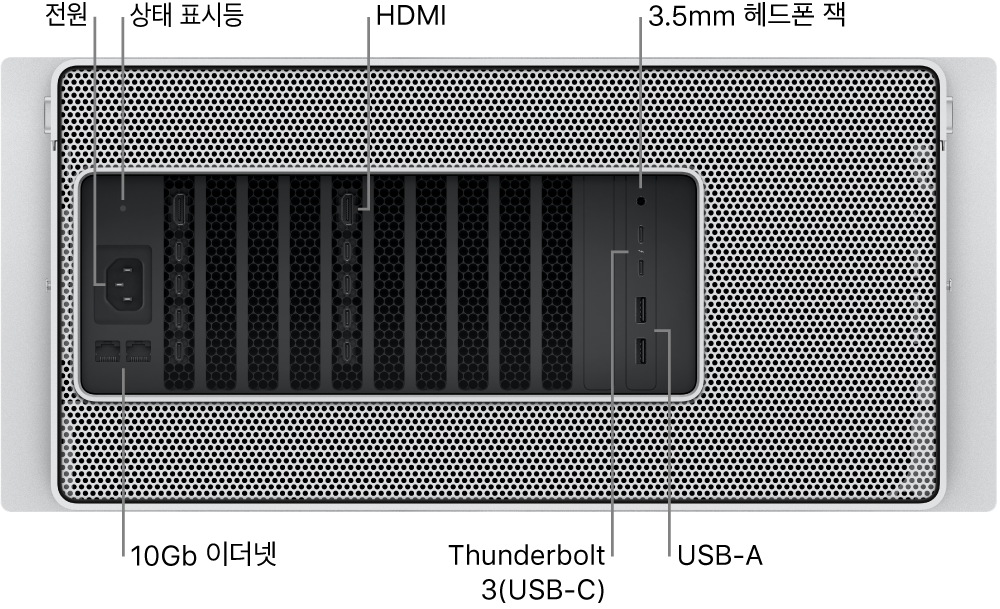 HDMI 포트 두 개, 3.5mm 헤드폰 잭, 10기가비트 이더넷 포트 두 개, Thunderbolt 3(USB-C) 포트 두 개, USB-A 포트 두 개, 전원 포트, 상태 표시등이 보이는 Mac Pro의 뒷면.