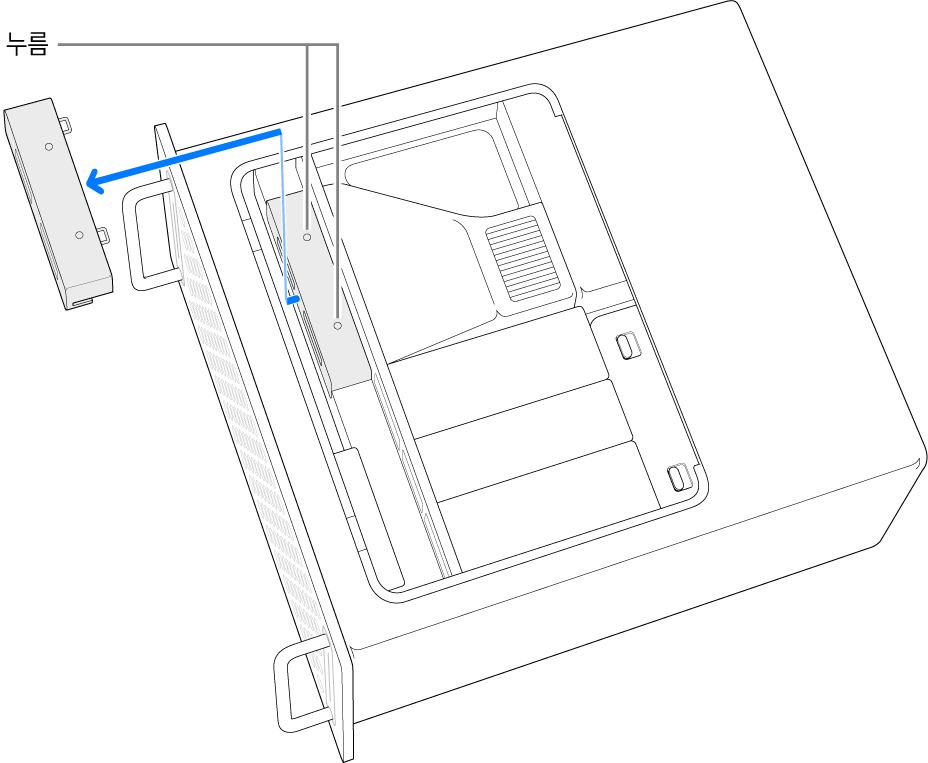 SSD 덮개를 제거하기 위해 눌러야 할 위치가 표시된 Mac Pro의 측면.