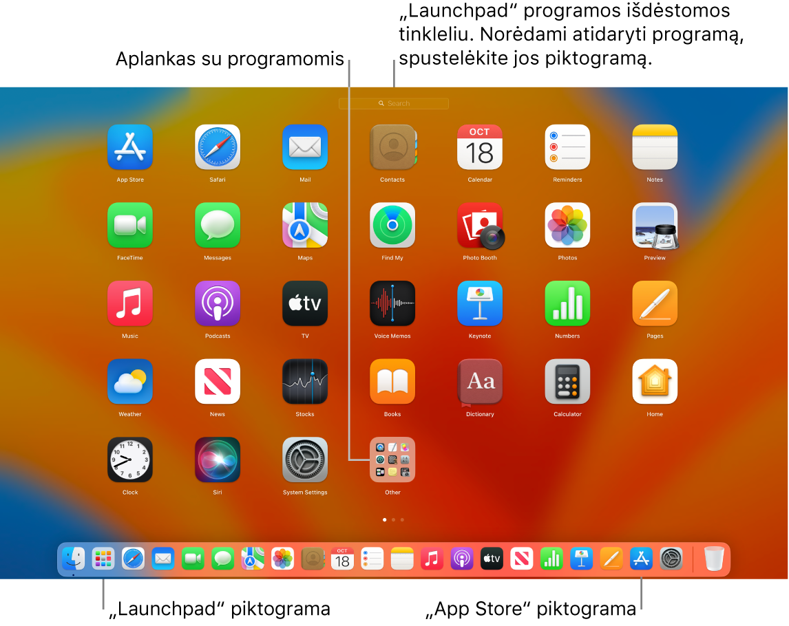 „Mac“ ekrane atidaryta funkcija „Launchpad“: rodomas „Launchpad“ programų aplankas, „Dock“ juostoje matomos „Launchpad“ ir „App Store“ piktogramos.