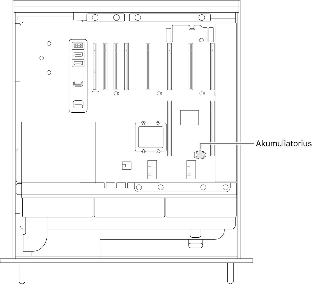 Atverto „Mac Pro“ vaizdas, kuriame matosi diskinio elemento akumuliatoriaus vieta.