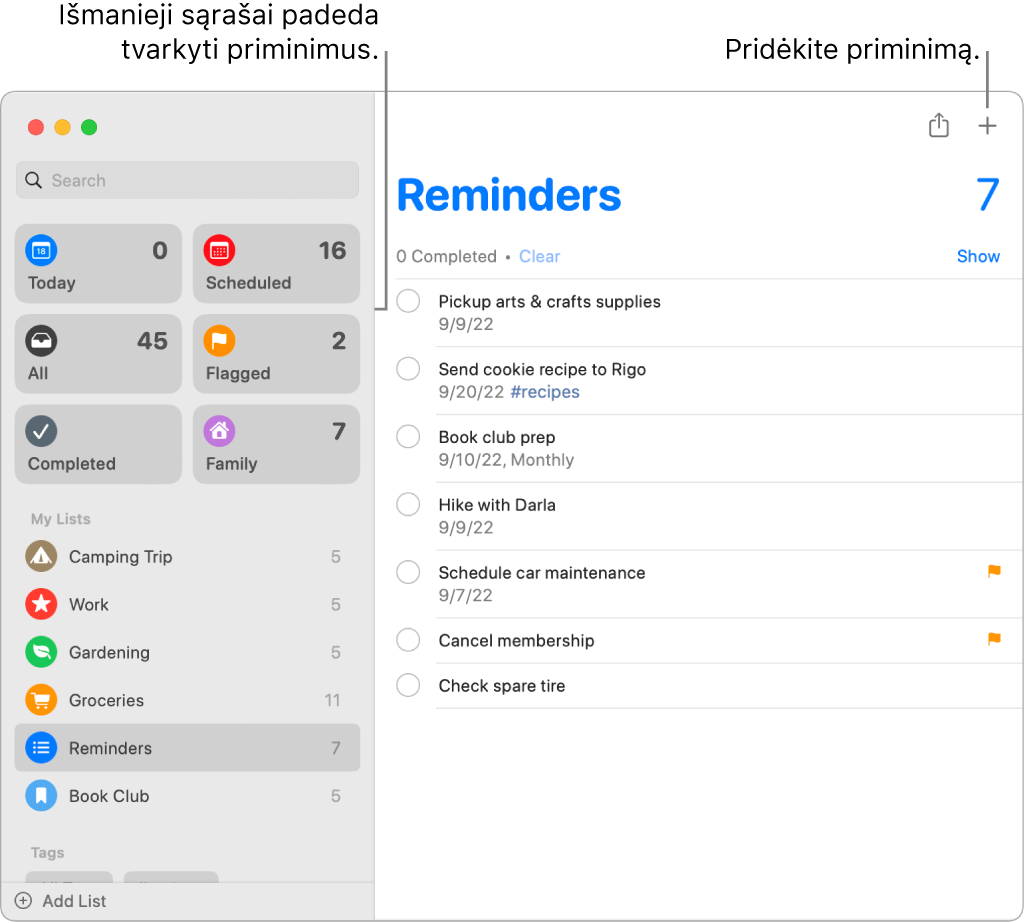 „Reminders“ langas: kairėje matomi išmanieji sąrašai, o kiti priminimai ir sąrašai pateikti žemiau. Žymiklis užvestas virš priminimo. Matosi „Smart Lists“ ir mygtuko „Add a new reminder“ šaukiniai.