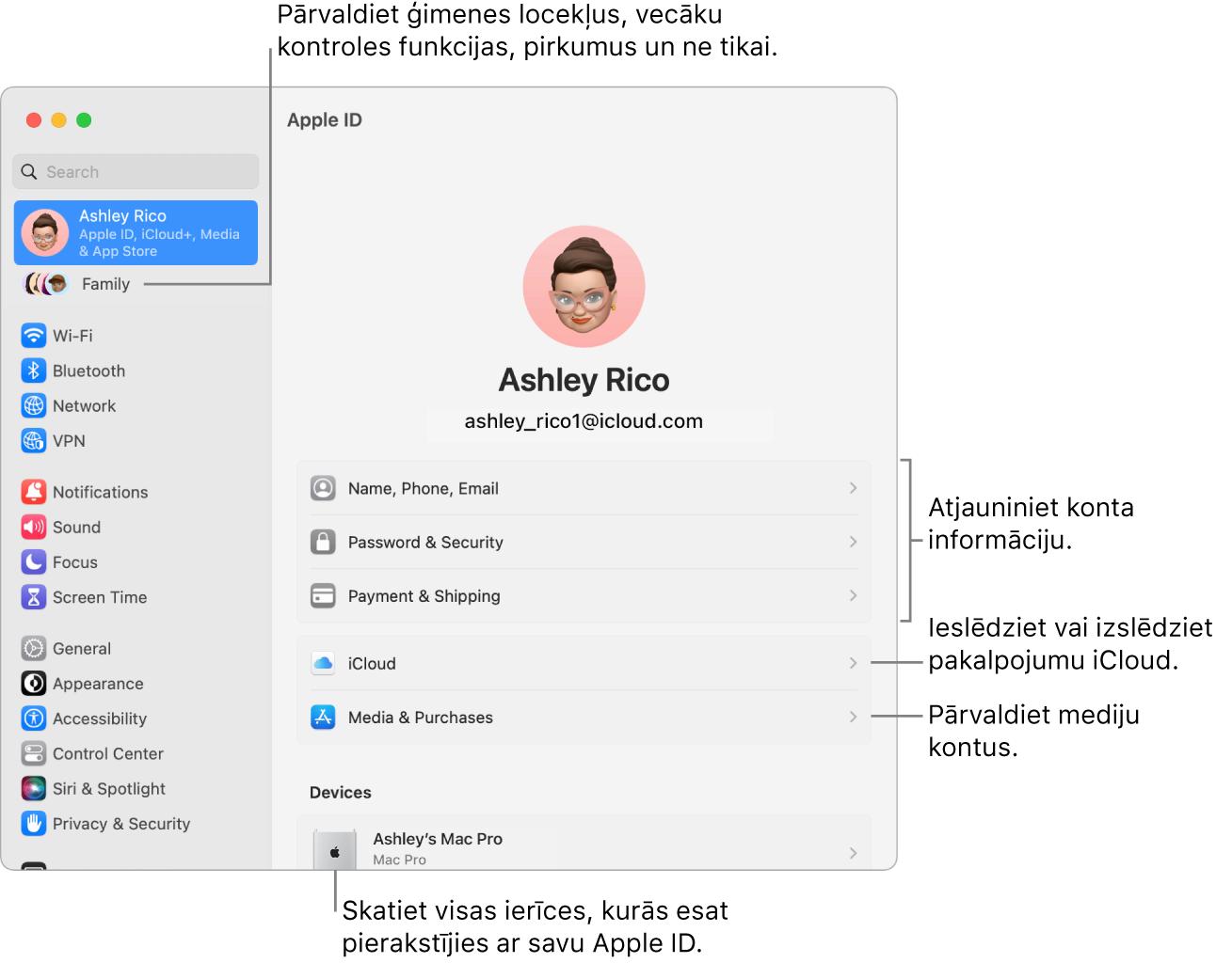 Apple ID rūts izvēlnē System Settings ar remarkām atjaunināt konta informāciju, ieslēgt vai izslēgt iCloud funkcijas, pārvaldīt sociālo tīklu kontus un sadaļu Family, kur varat pārvaldīt ģimenes locekļus, vecāku kontroles funkcijas, pirkumus un ne tikai.