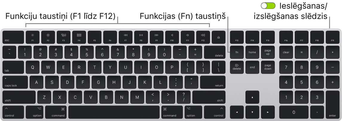 Tastatūras Magic Keyboard kreisajā apakšējā stūrī redzams taustiņš Function (Fn) un tastatūras augšējā labajā stūrī ieslēgšanas/izslēgšanas slēdzis.