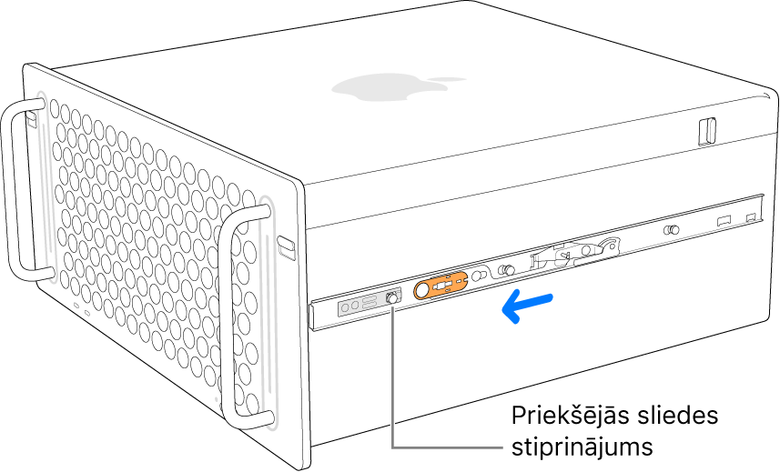 Mac Pro dators ar sliedi tiek slidināts uz priekšu un fiksējas vietā.