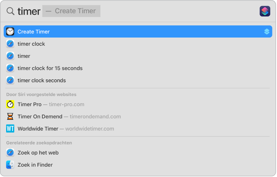 Een Spotlight-zoekopdracht voor 'timer', met resultaten om de snelle taak 'Maak timer aan' uit te voeren.