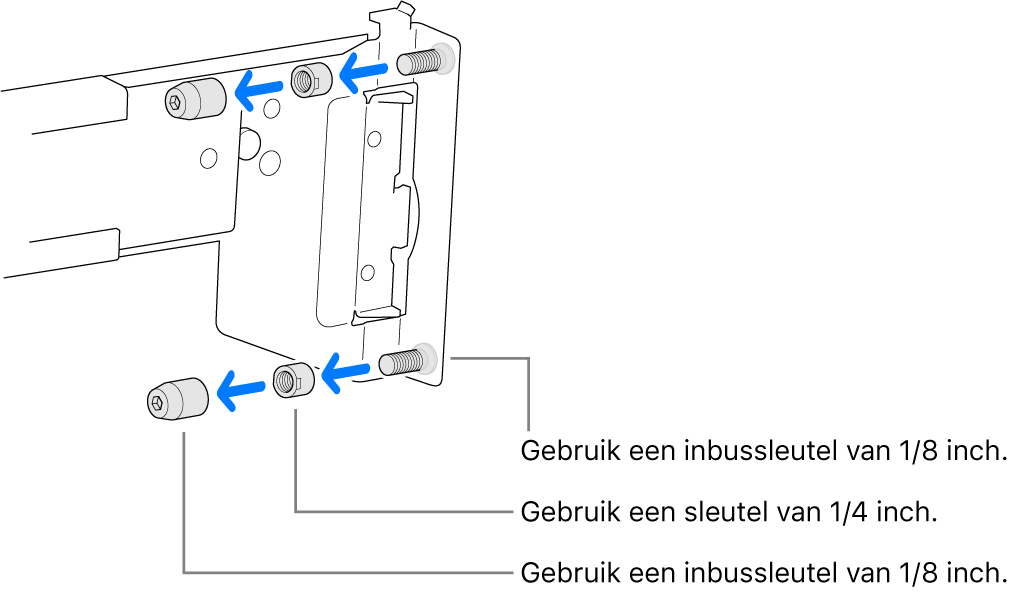 Een rail die in een rack met gaten met schroefdraad past.