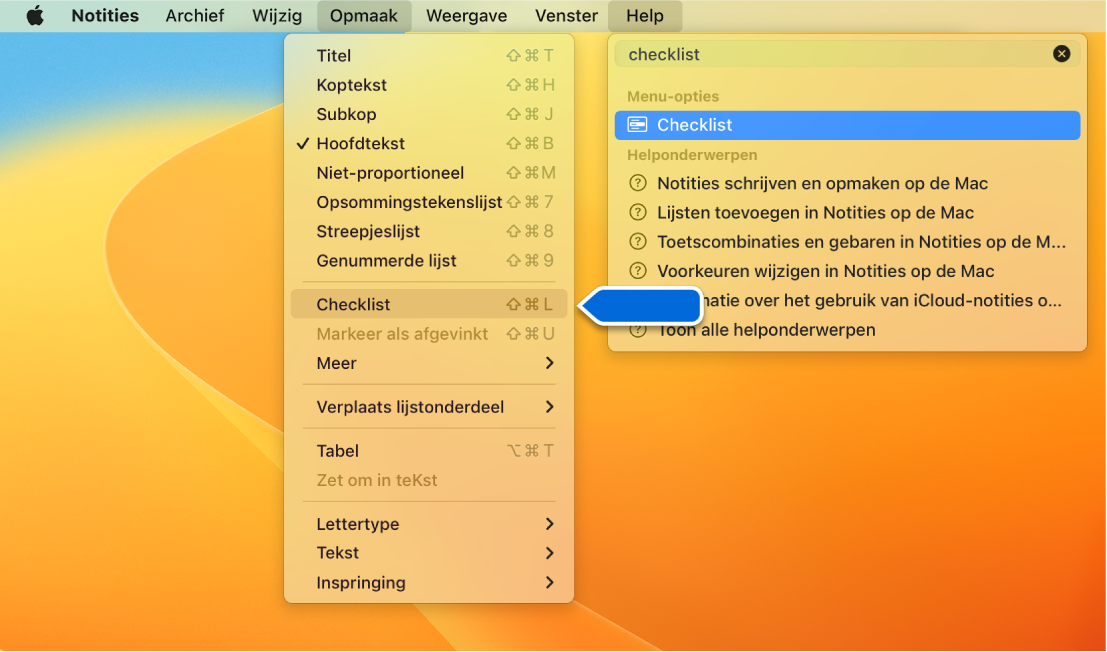 Het Help-menu met een zoekopdracht "checklist" met 'Checklist' gemarkeerd in het Opmaak-menu.