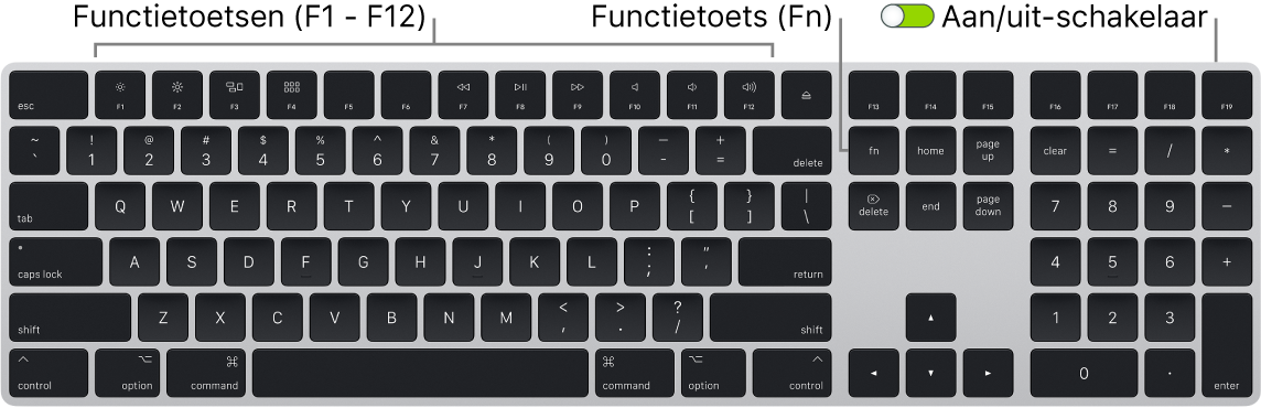 Magic Keyboard met de Fn-functietoets linksonderaan en de aan/uit-schakelaar rechtsboven op het toetsenbord.