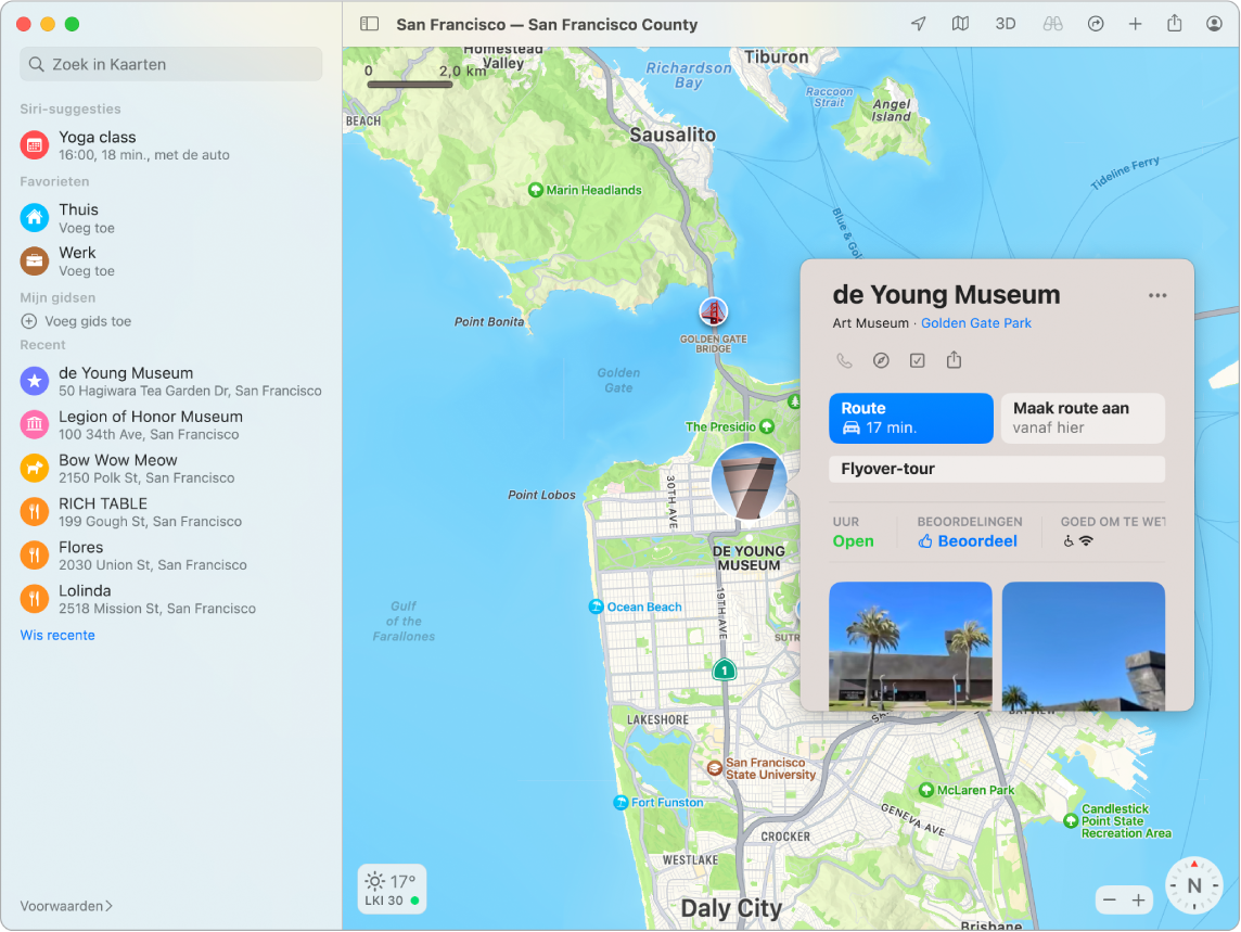 Een kaart van San Francisco met een museum. In een informatievenster staat belangrijke informatie over de plek.