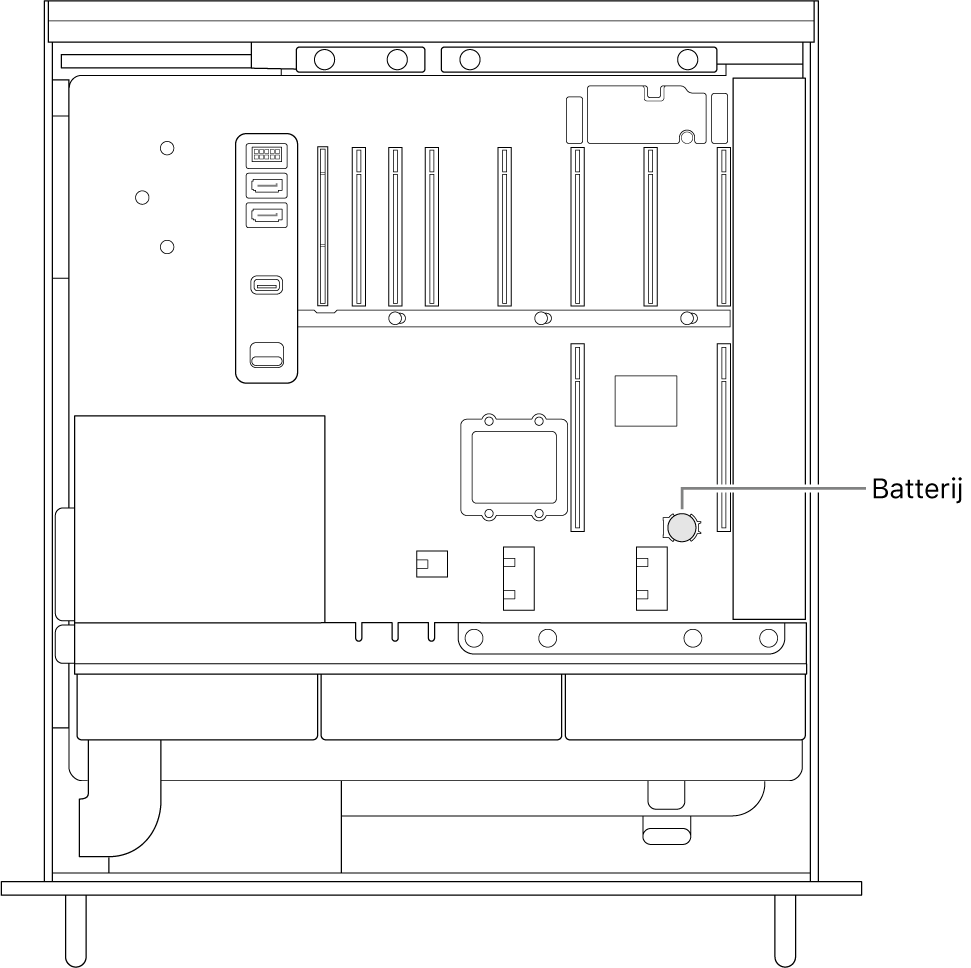 Zijaanzicht van een geopende Mac Pro met de locatie van de knoopcelbatterij.