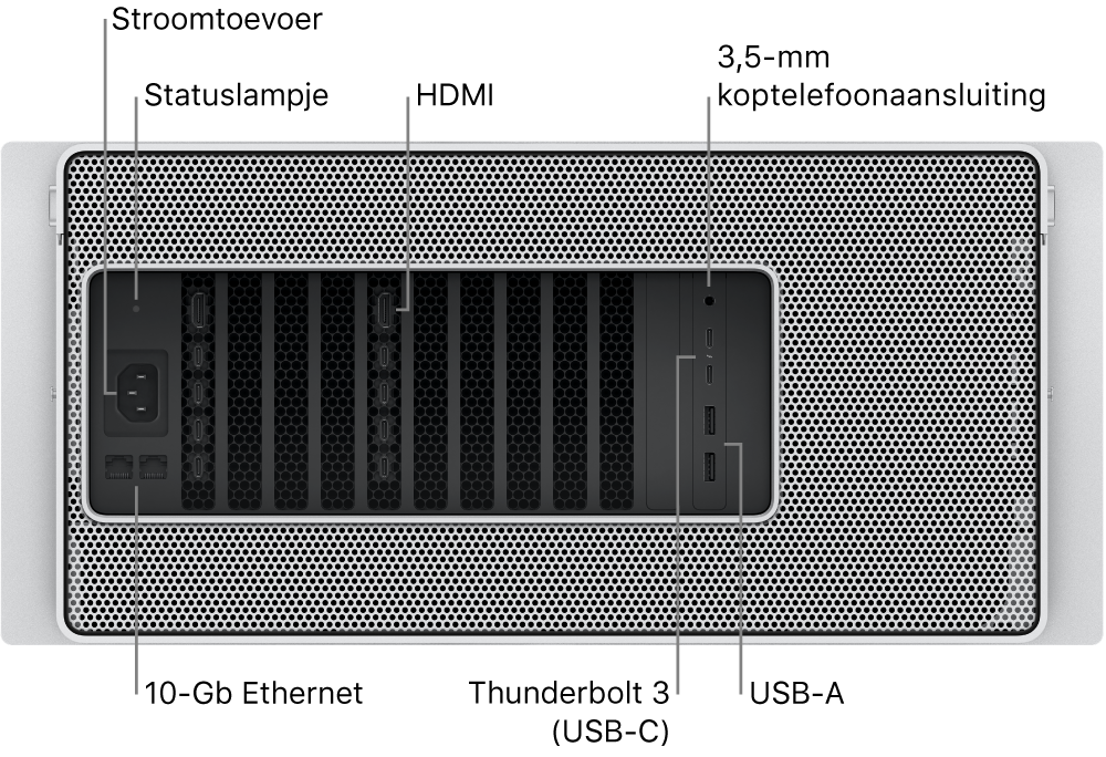 De achterkant van de Mac Pro met de poort voor het netsnoer, een statuslampje, twee HDMI-poorten, 3,5-mm koptelefoonaansluiting, twee 10 Gigabit Ethernet-poorten, twee Thunderbolt 3-poorten (USB-C) en twee USB-A-poorten.