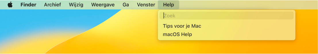 Een gedeelte van een bureaublad waarop het Help-menu is geopend, met de opties 'Zoek' en 'macOS Help'.