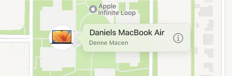 Et nærbilde av Informasjon-symbolet for Daniels MacBook Air.