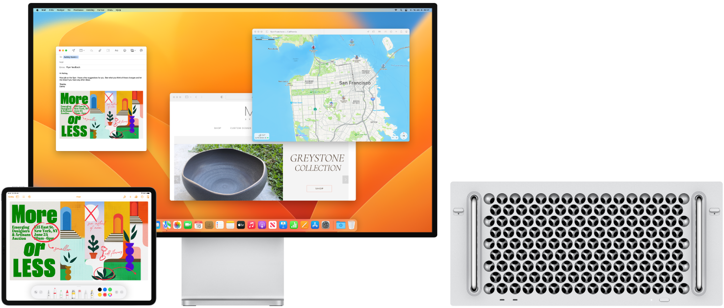 En Mac Pro og iPad vises ved siden av hverandre. iPad-skjermen viser en brosjyre med merknader. Skjermen som brukes av Mac Pro viser en Mail-melding med brosjyren fra iPaden lagt ved som et vedlegg.
