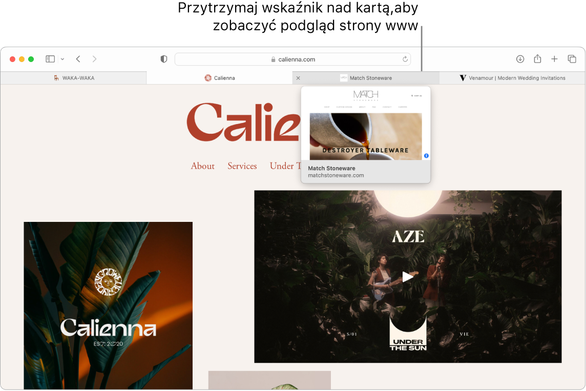 Okno Safari zawierające aktywną stronę zatytułowaną Calienna oraz 3 dodatkowe karty i dymek pomocy opisujący podgląd karty Match Stoneware z tekstem „Przytrzymaj wskaźnik nad kartą, aby zobaczyć podgląd strony www”.