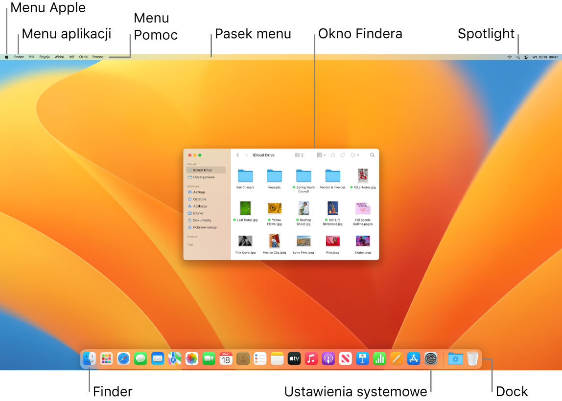 Ekran Maca zawierający menu Apple, menu aplikacji, menu Pomoc, pasek menu, okno Findera, ikonę Spotlight, ikonę Findera, ikonę Ustawień systemowych oraz Dock.