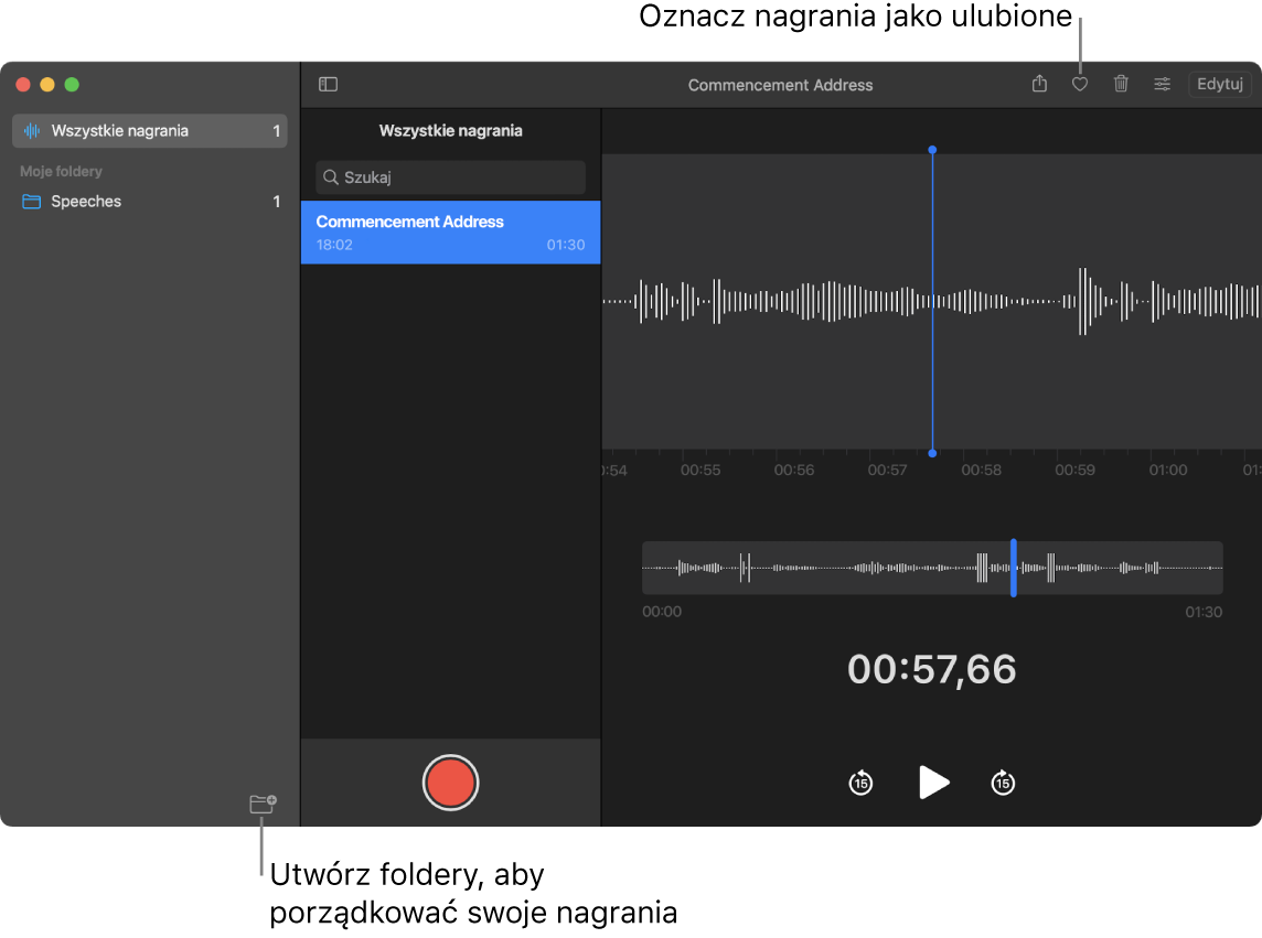 Okno Dyktafonu przedstawiające sposób tworzenia nowych folderów oraz oznaczania nagrań jako ulubionych.