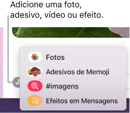 Menu Apps com opções para mostrar fotos, adesivos de Memoji, GIFs e efeitos em mensagens.