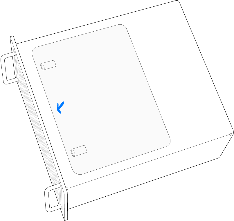 Mac Pro apoiado lateralmente, mostrando a tampa de acesso reinstalada.