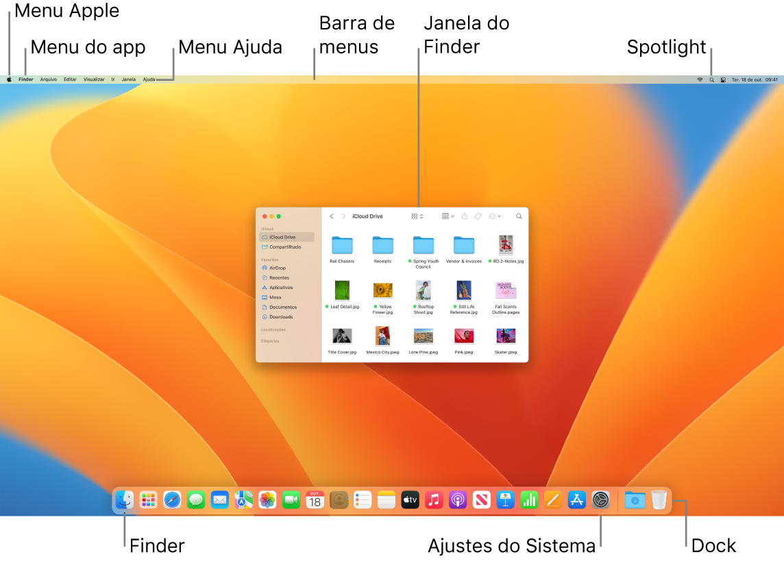 Tela do Mac mostrando o menu Apple, o menu App, o menu Ajuda, a barra de menus, uma janela do Finder, o ícone do Spotlight, o ícone do Finder, o ícone dos Ajustes do Sistema e o Dock.