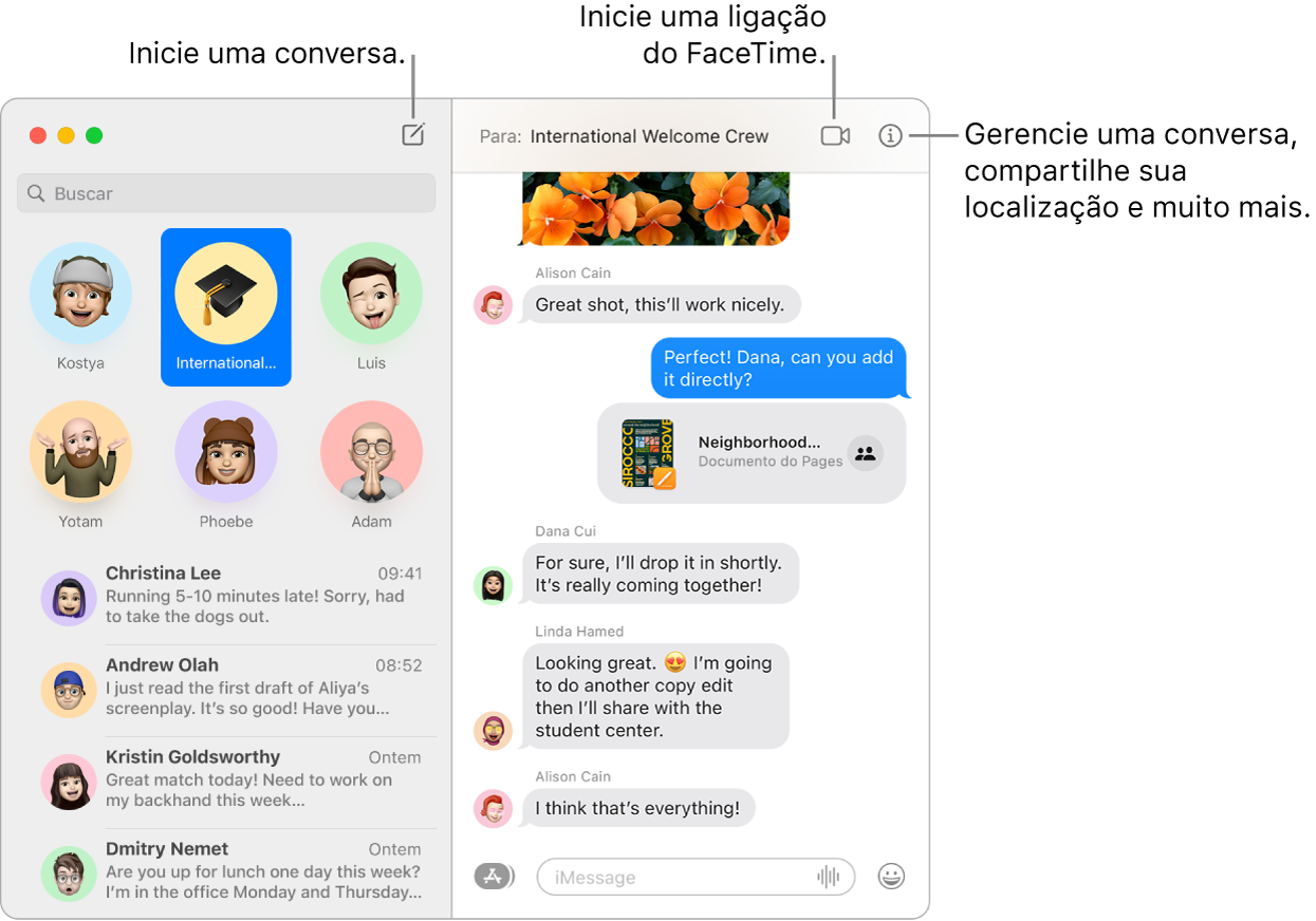 Uma janela do app Mensagens mostrando como iniciar uma conversa e como iniciar uma ligação FaceTime.