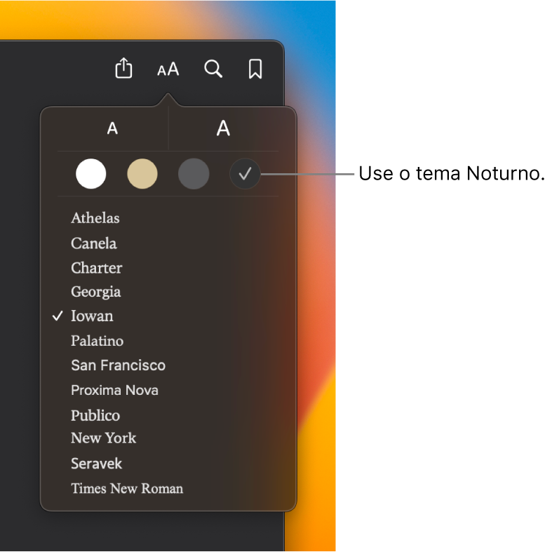 Uma janela do app Livros mostrando o menu Aparência.