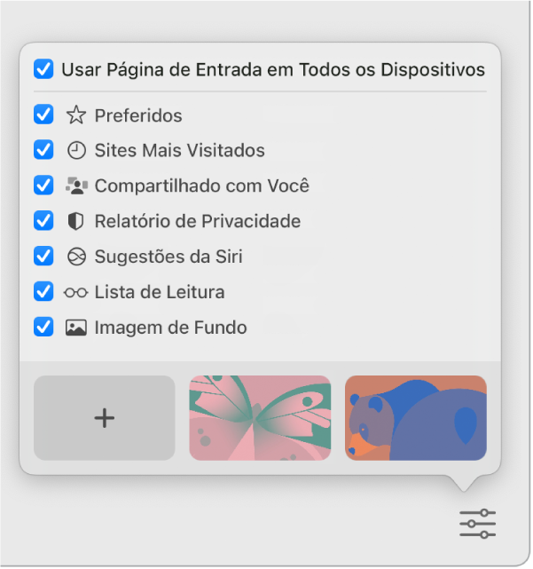 Menu local “Personalizar o Safari” com caixas de seleção para Favoritos, Mais Visitados, Compartilhado com Você, Relatório de Privacidade, Sugestões da Siri, Lista de Leitura e Imagem de Fundo.
