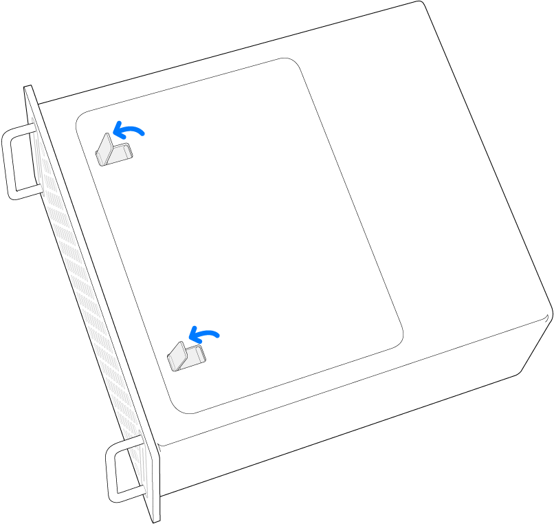 Mac Pro apoiado lateralmente, destacando como abrir as travas na tampa de acesso.