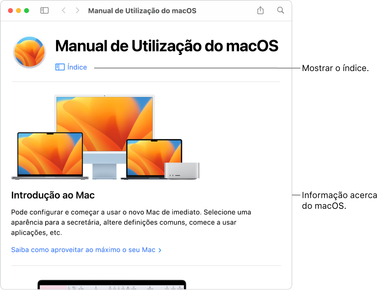 A página de introdução ao Manual de Utilização do macOS a mostrar a hiperligação “Índice”.