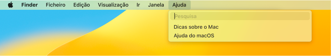 Parte da secretária visível, com o menu Ajuda aberto, a mostrar as opções de menu para Pesquisa e Ajuda do macOS.