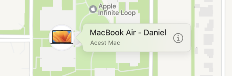 Un detaliu al pictogramei Informații pentru MacBook Air‑ul lui Daniel.