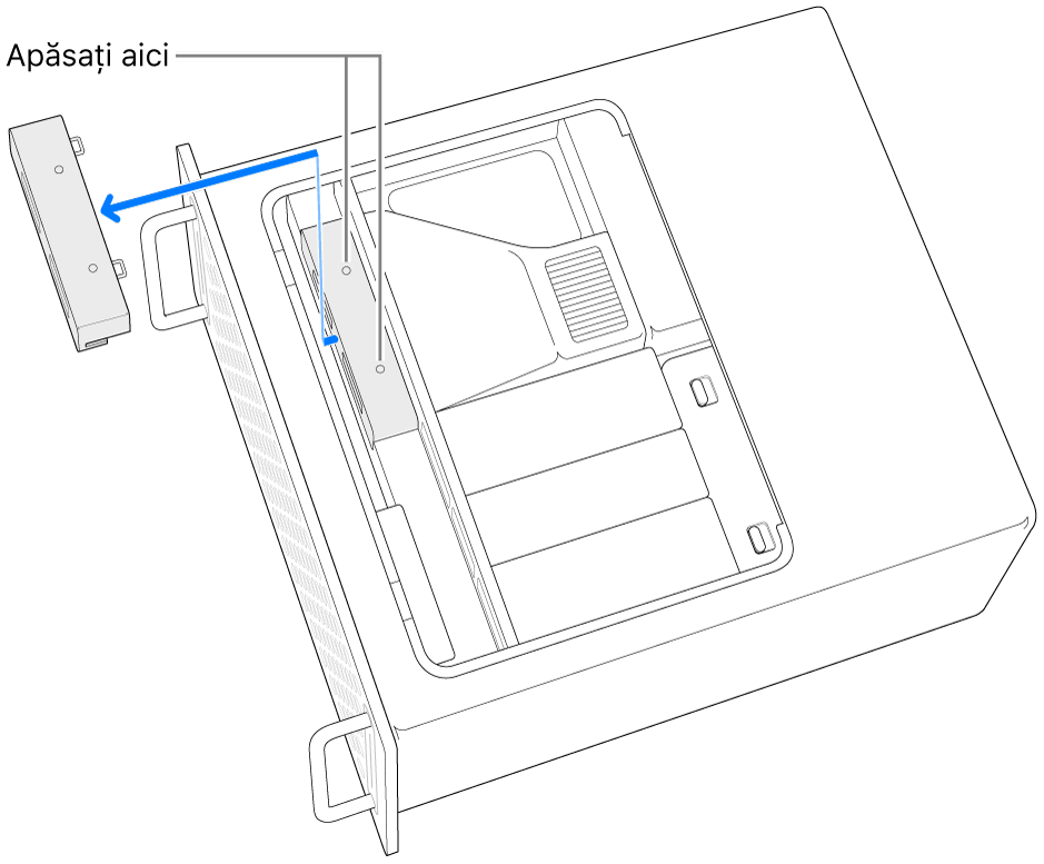 Mac Pro așezat pe o parte și arătând unde trebuie apăsat pentru scoaterea capacului de la SSD.