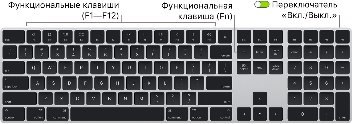 Клавиатура Magic Keyboard. Показаны клавиша Fn в левом нижнем углу и переключатель «Вкл./Выкл.» в правом верхнем углу клавиатуры.