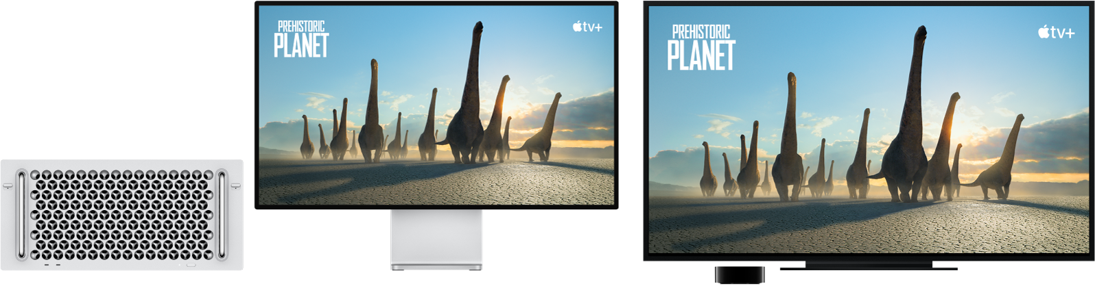 Изображение Mac Pro, материалы с которого дублируются на экран большого HD-телевизора с помощью Apple TV.