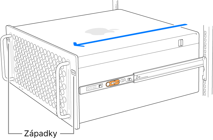 Mac Pro umiestnený na koľajničkách pripevnených k racku.