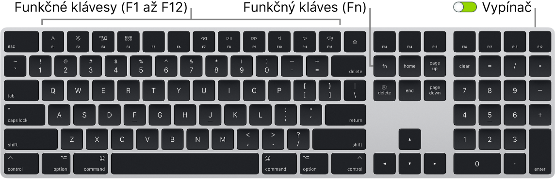 Magic Keyboard s funkčným klávesom (Fn) v ľavom dolnom rohu a prepínačom zapnutia/vypnutia v pravom hornom rohu klávesnice.