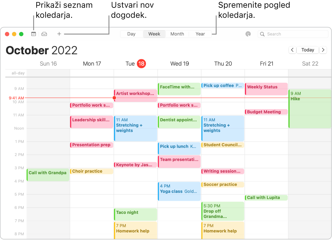 V oknu Calendar je prikazan seznam koledarja, kako ustvarite dogodek in izberete prikaz dneva, tedna, meseca ali leta.